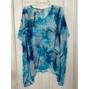 Catherines‎ One Size Blue Tropical Palm Tree Print Sheer Caftan Poncho Top